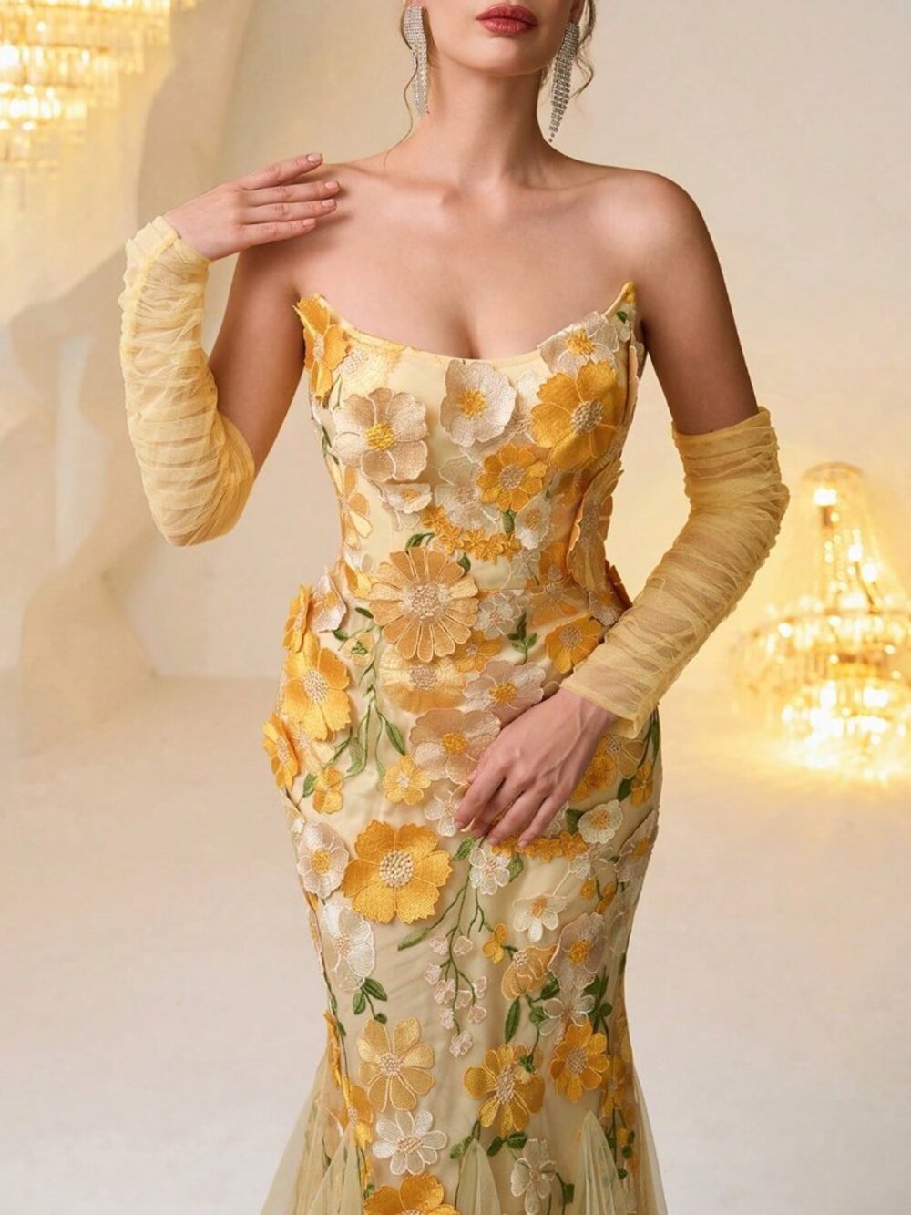 Yellow Elegant Women's Allover Print Patchwork Ruffle Sequin Mesh Formal Gown - Picture 3 of 7